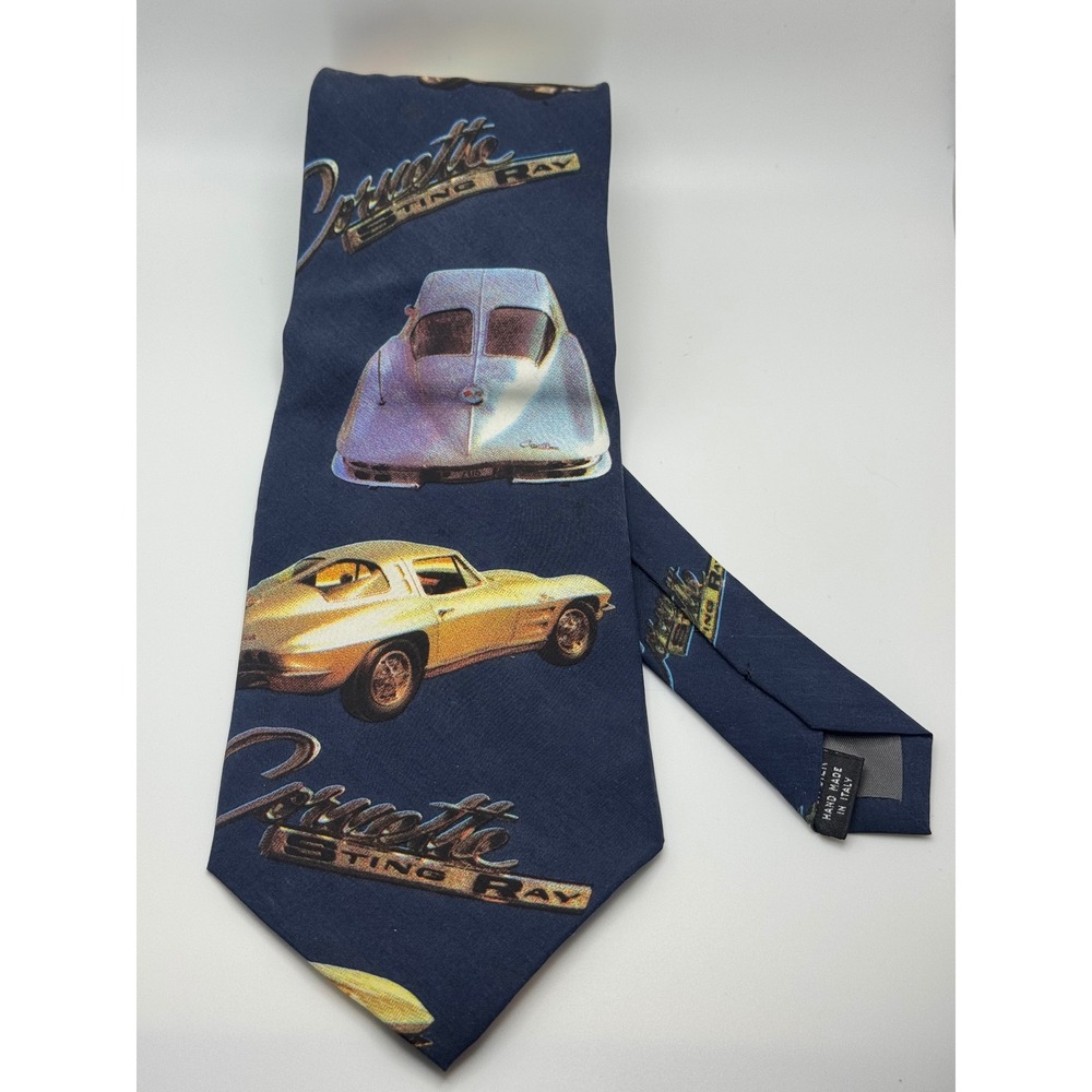 Vintage Corvette Sting Ray Silk Tie Mens Navy Blue Car Graphic Hand Made Italy